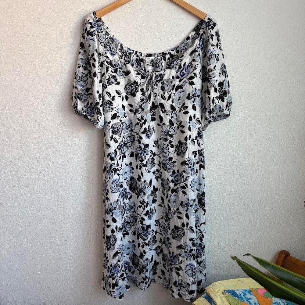 dip Women Floral Puff Sleeve Off Shoulder Mini Dress White Blue Black Large NWT